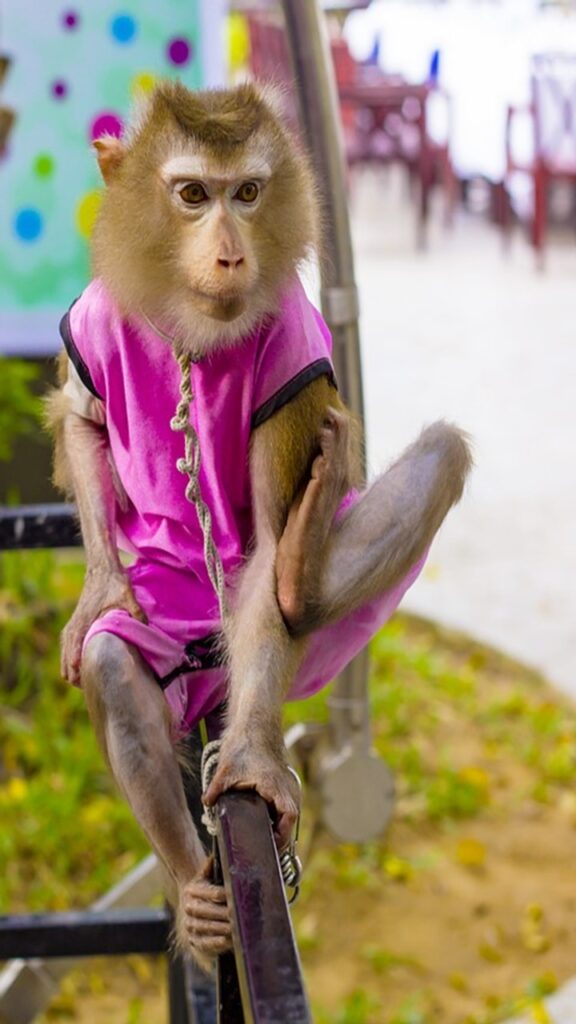 small monkey sitting on iron rail dressed in fuchsia tunic and neck attached with rope to the rail, monkey trade on mauritius