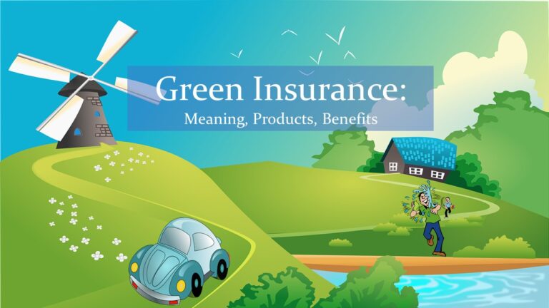 Green Insurance: green meadow with one hill with black and white wind mill, small blue car on lane, small black and blue house in right hand corner and two boys playing with water balloons in front of blue river