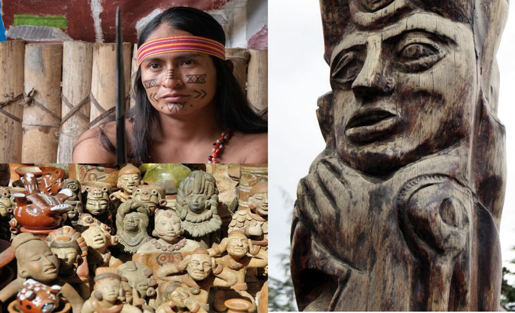 Ecotourism in Ecuador, Shaur tribe local man on left hand corner, small brown figurines in bottom left and wooden totem on right side