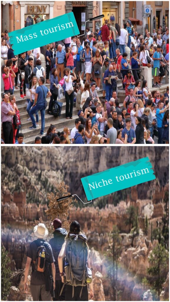 vertical picture, upper showing tourist groups taking pictures on stairs, lower picture 3 people with backpacks walking on mountain