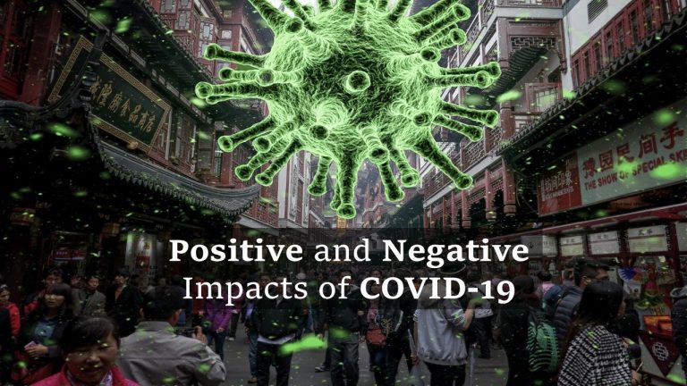 Positive and negative impacts of covid-19, green coronavirus hanging on picture of crowd in Chinese market